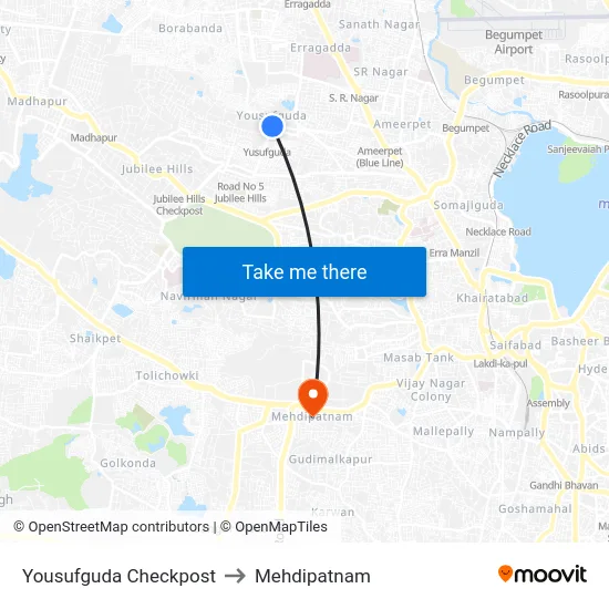 Yousufguda Checkpost to Mehdipatnam map