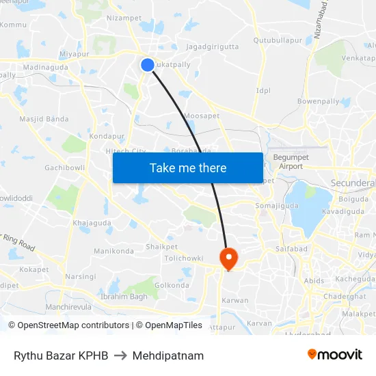 Rythu Bazar KPHB to Mehdipatnam map