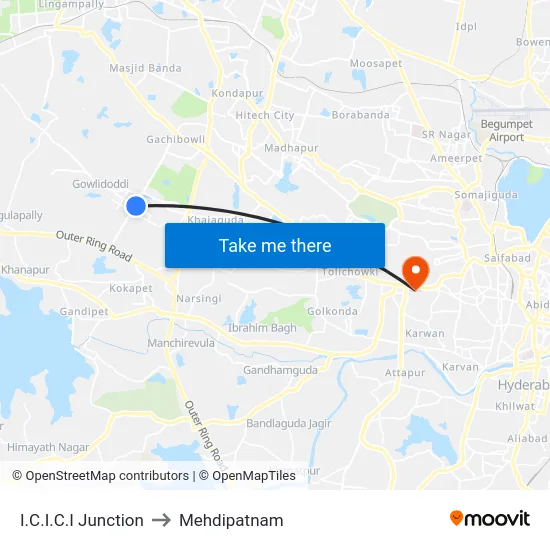 I.C.I.C.I Junction to Mehdipatnam map