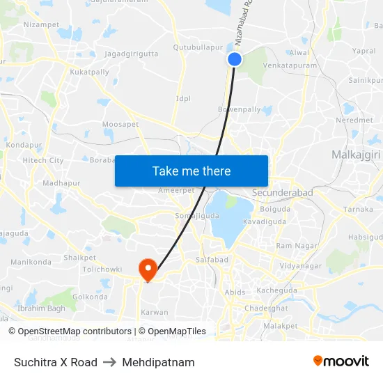 Suchitra X Road to Mehdipatnam map