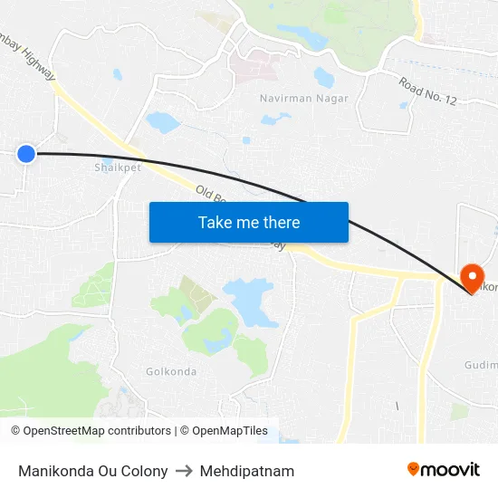Manikonda Ou Colony to Mehdipatnam map