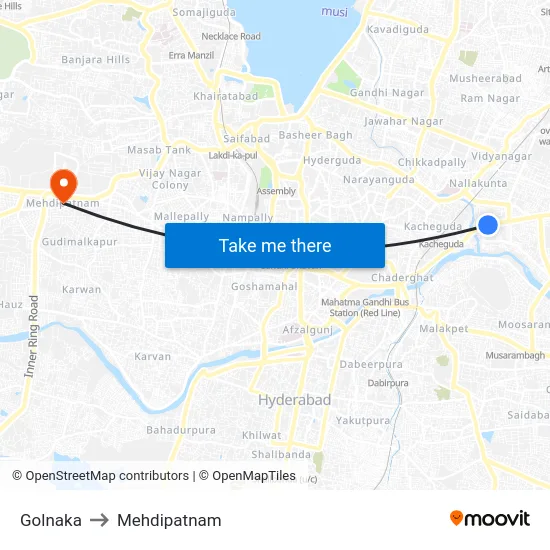 Golnaka to Mehdipatnam map