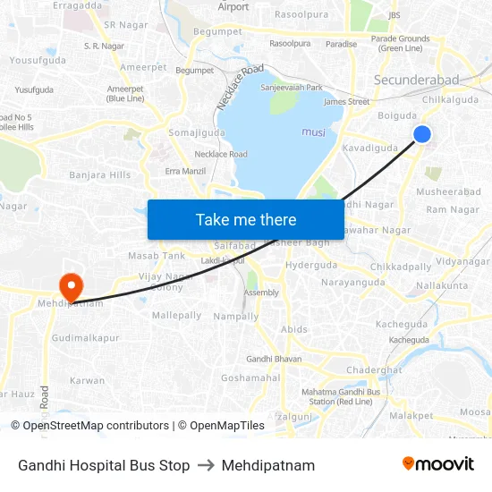 Gandhi Hospital Bus Stop to Mehdipatnam map