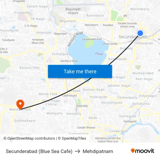 Secunderabad (Blue Sea Cafe) to Mehdipatnam map
