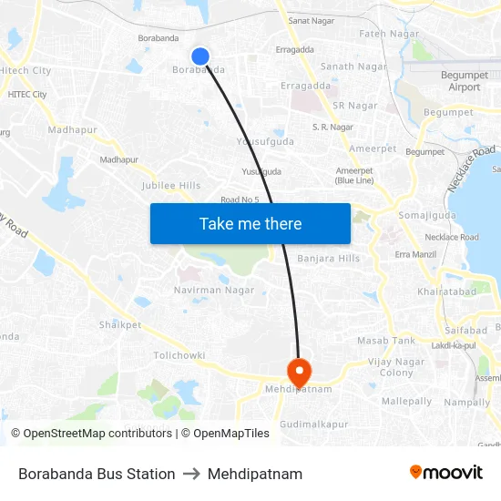 Borabanda Bus Station to Mehdipatnam map