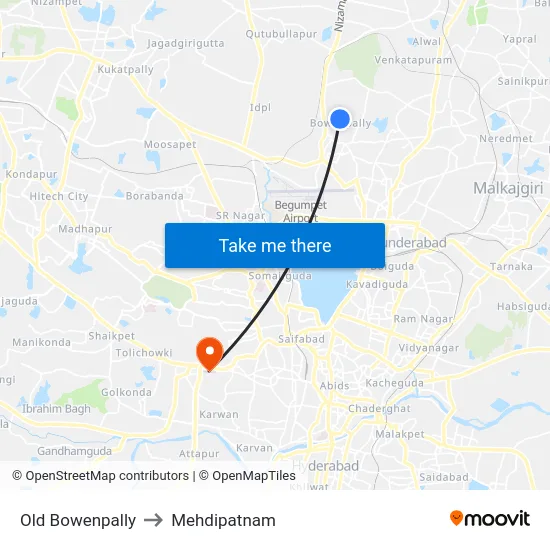 Old Bowenpally to Mehdipatnam map