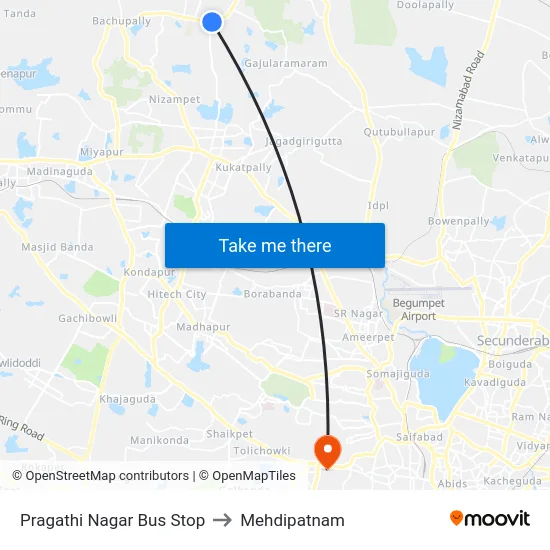 Pragathi Nagar Bus Stop to Mehdipatnam map