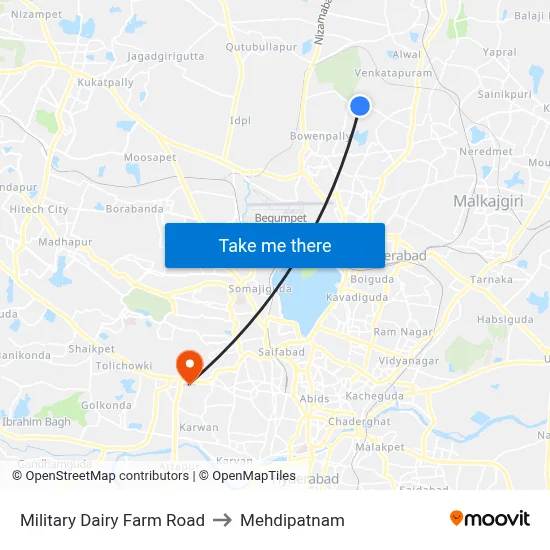 Military Dairy Farm Road to Mehdipatnam map