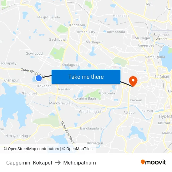 Capgemini Kokapet to Mehdipatnam map