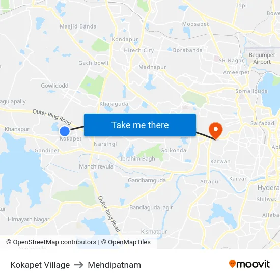 Kokapet Village to Mehdipatnam map