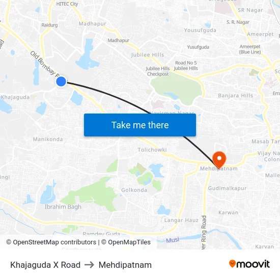 Khajaguda X Road to Mehdipatnam map