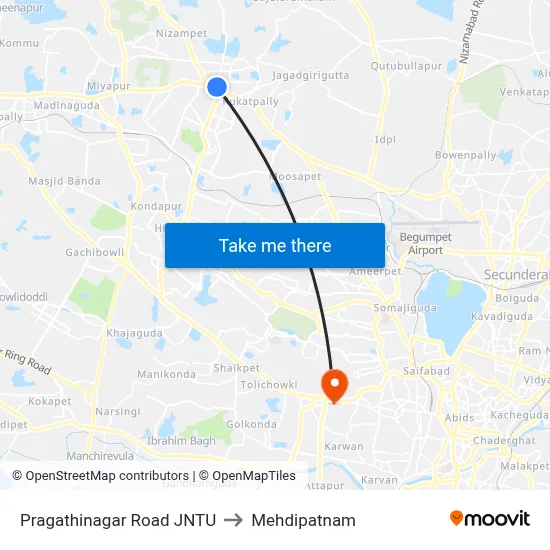 Pragathinagar Road JNTU to Mehdipatnam map