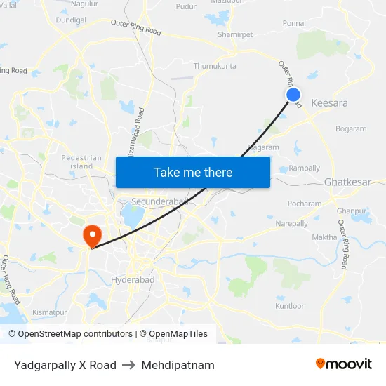 Yadgarpally X Road to Mehdipatnam map