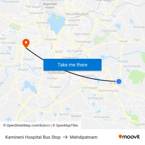 Kamineni Hospital Bus Stop to Mehdipatnam map
