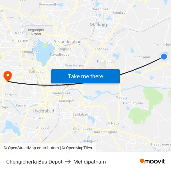 Chengicherla Bus Depot to Mehdipatnam map