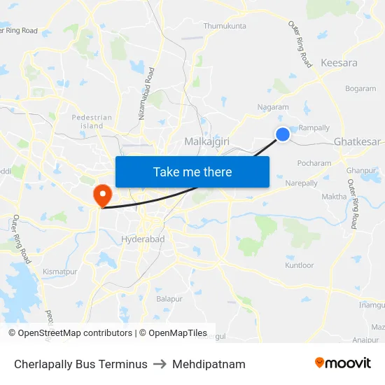 Cherlapally Bus Terminus to Mehdipatnam map