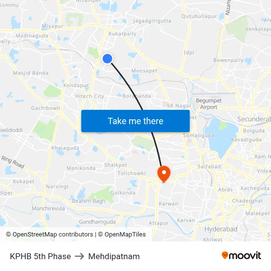 KPHB 5th Phase to Mehdipatnam map