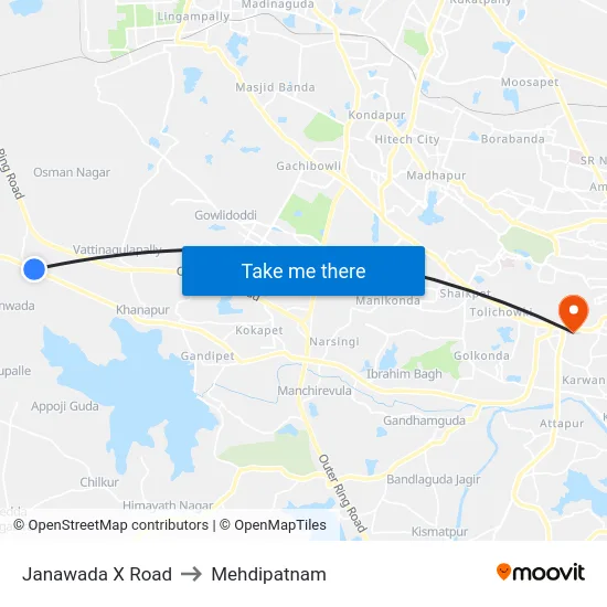 Janawada X Road to Mehdipatnam map