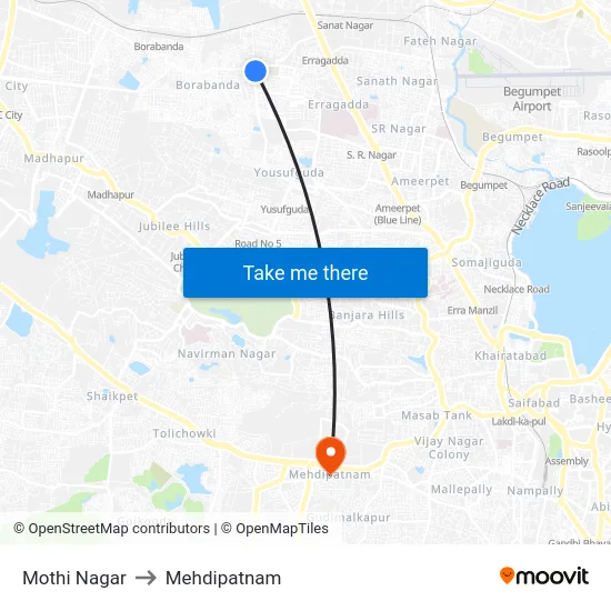 Mothi Nagar to Mehdipatnam map