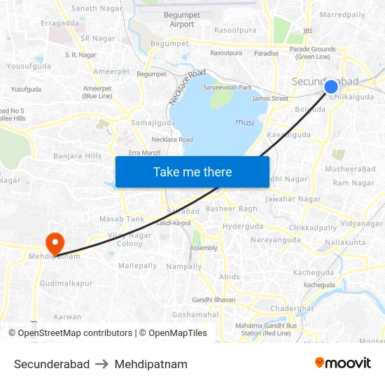 Secunderabad to Mehdipatnam map