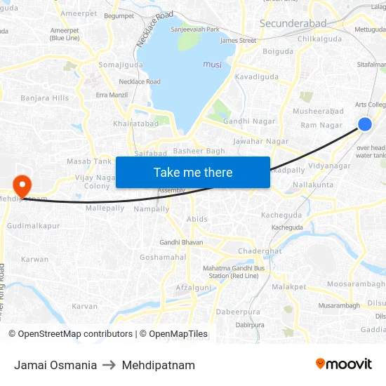 Jamai Osmania to Mehdipatnam map