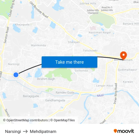 Narsingi to Mehdipatnam map