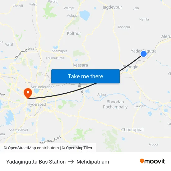 Yadagirigutta Bus Station to Mehdipatnam map