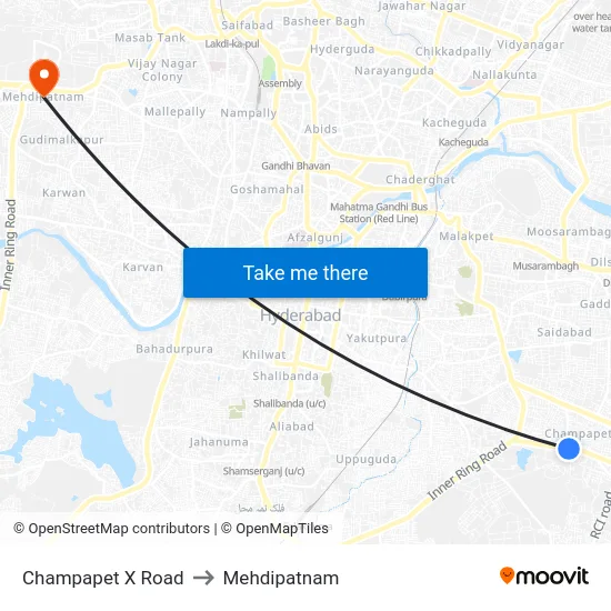 Champapet X Road to Mehdipatnam map