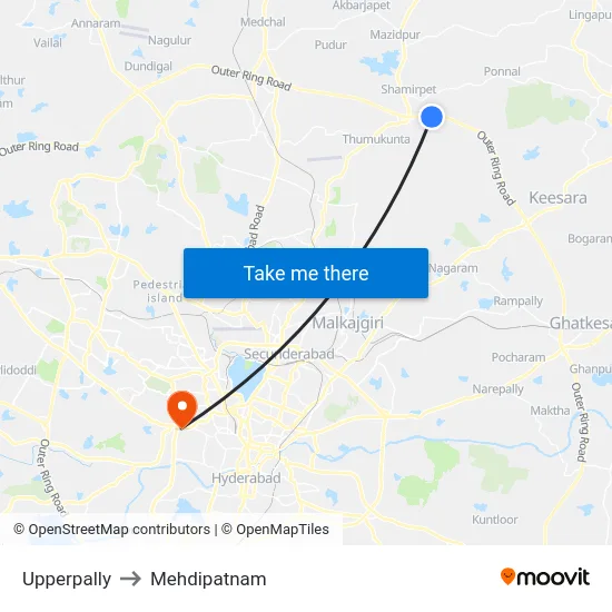 Upperpally to Mehdipatnam map