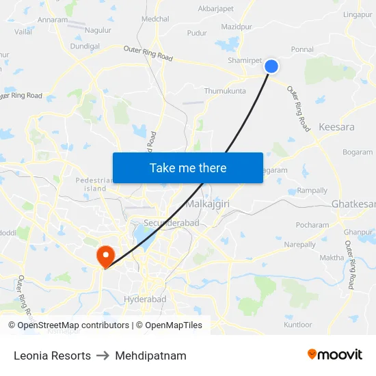 Leonia Resorts to Mehdipatnam map