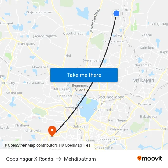 Gopalnagar X Roads to Mehdipatnam map