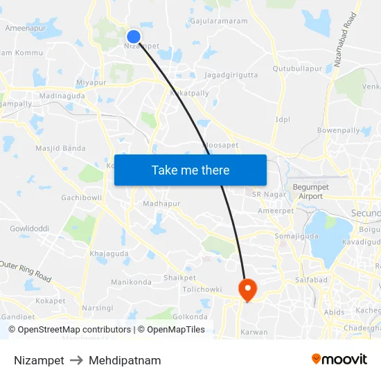 Nizampet to Mehdipatnam map