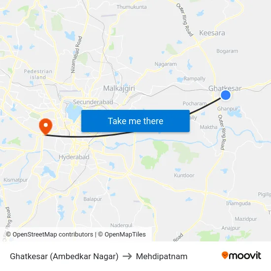 Ghatkesar (Ambedkar Nagar) to Mehdipatnam map