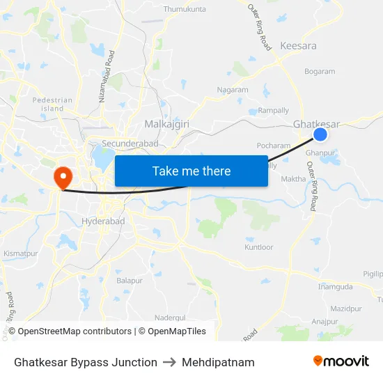 Ghatkesar Bypass Junction to Mehdipatnam map