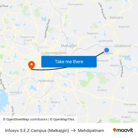 Infosys S.E.Z.Campus (Malkajgiri) to Mehdipatnam map