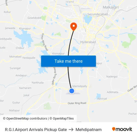 R.G.I.Airport Arrivals Pickup Gate to Mehdipatnam map