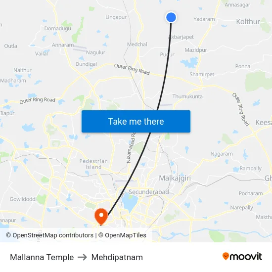 Mallanna Temple to Mehdipatnam map