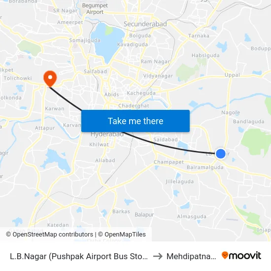 L.B.Nagar (Pushpak Airport Bus Stop) to Mehdipatnam map