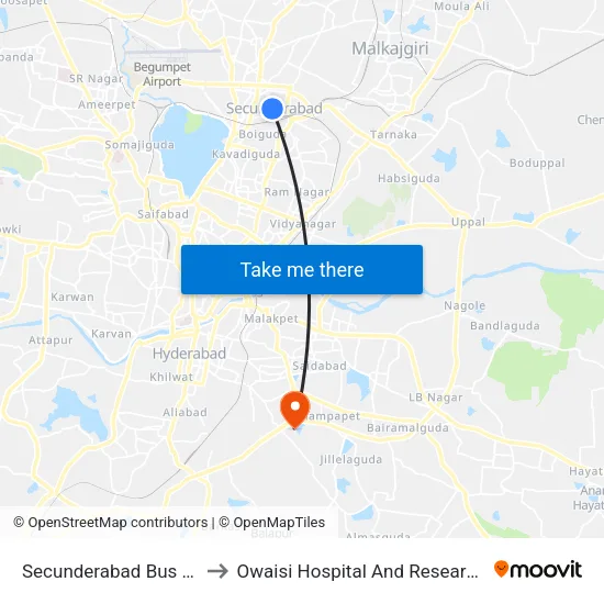 Secunderabad Bus Station to Owaisi Hospital And Research Centre map