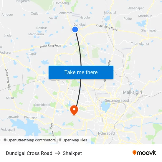 Dundigal Cross Road to Shaikpet map