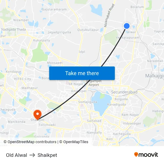 Old Alwal to Shaikpet map