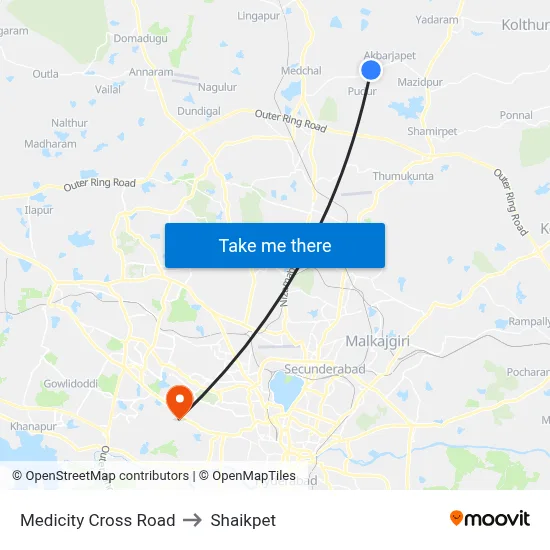 Medicity Cross Road to Shaikpet map