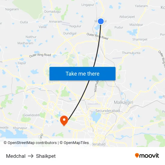 Medchal to Shaikpet map
