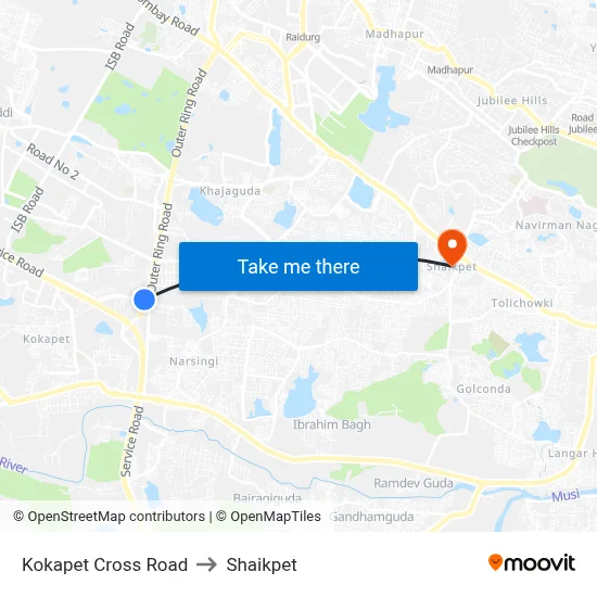 Kokapet Cross Road to Shaikpet map