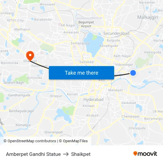 Amberpet Gandhi Statue to Shaikpet map