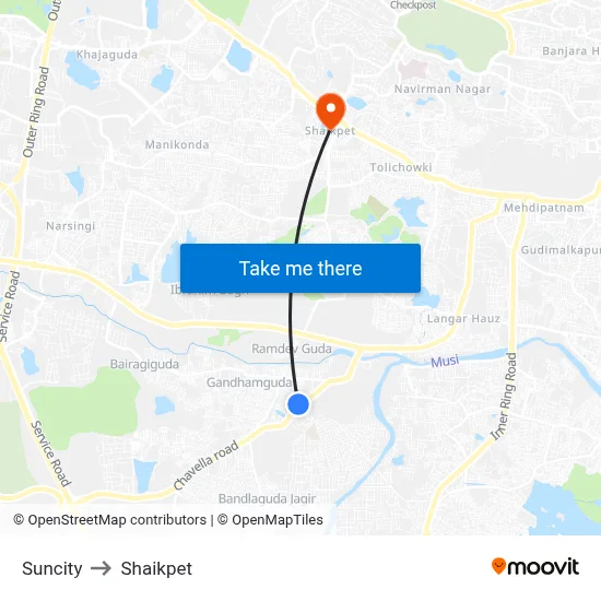 Suncity to Shaikpet map