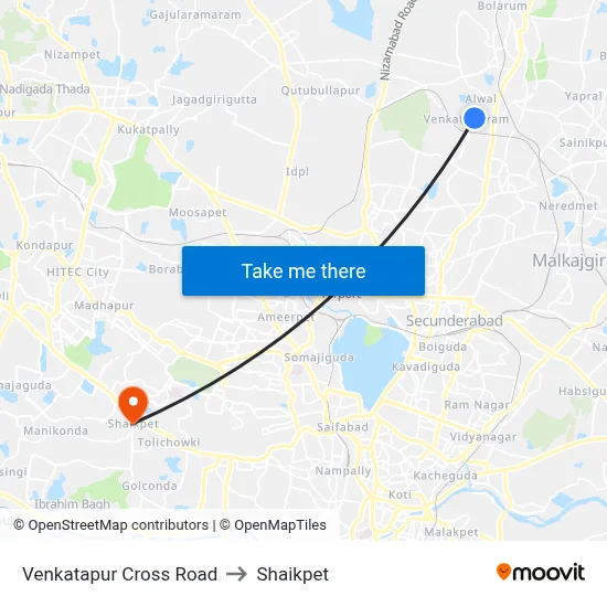 Venkatapur Cross Road to Shaikpet map