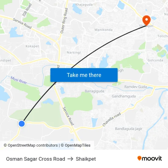 Osman Sagar Cross Road to Shaikpet map