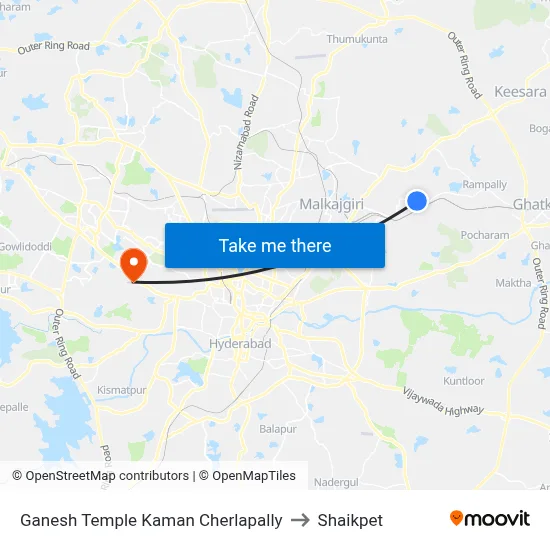 Ganesh Temple Kaman Cherlapally to Shaikpet map
