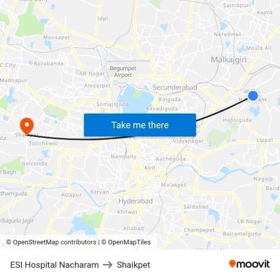 ESI Hospital Nacharam to Shaikpet map
